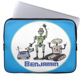 Fijne leuke robots trio cartoon op blauwe achtergr laptop sleeve