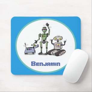 Fijne leuke robots trio cartoon op blauwe achtergr muismat