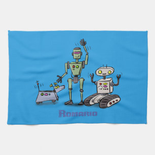 Fijne leuke robots trio cartoon op blauwe achtergr theedoek