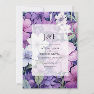 Fijne Lila en Grijze Bloemen Huwelijk Monogram Kaart