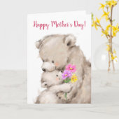 Fijne Moederdag, moederbeer en welp knuffelen Kaart (Gele Bloem)