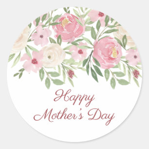 Fijne Moederdag Roze Waterverf Bloemen Ronde Sticker