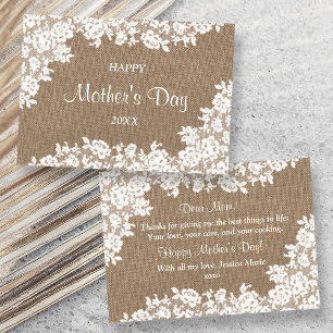 Fijne Moederdag Rustic Jute & Witte Kant Kaart