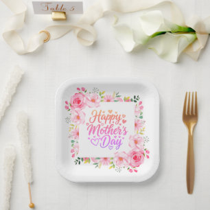 Fijne Moederdag Waterverf Roze Bloemen Papieren Bordje
