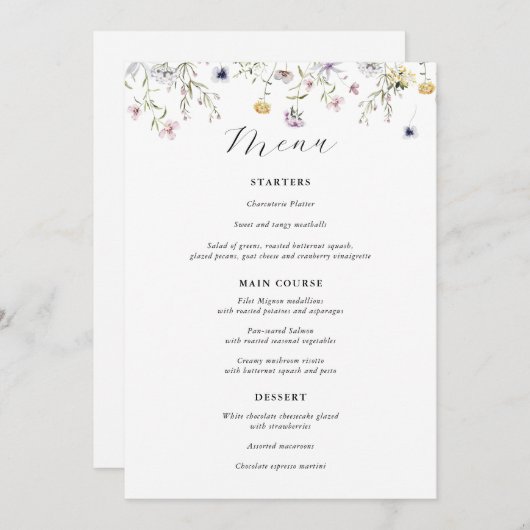 Fijne Paarse Wilde Bloem Bruiloftsmenu Menu (Voorkant / Achterkant)