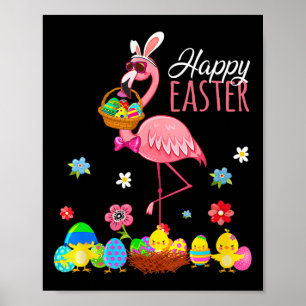Fijne Pasen Flamingo met Paaseieren Bysket Hunti Poster