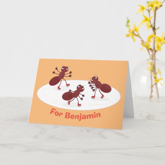 Fijne rode mieren schaatsen cartoon kaart (Gele Bloem)