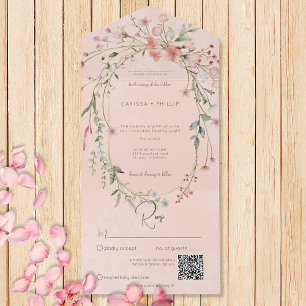 Fijne Roze Blush Rustieke Wildbloemen QR Code All In One Uitnodiging
