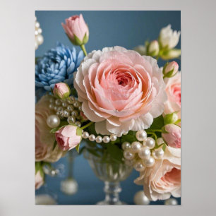 Fijne roze roos met parel in vaas poster
