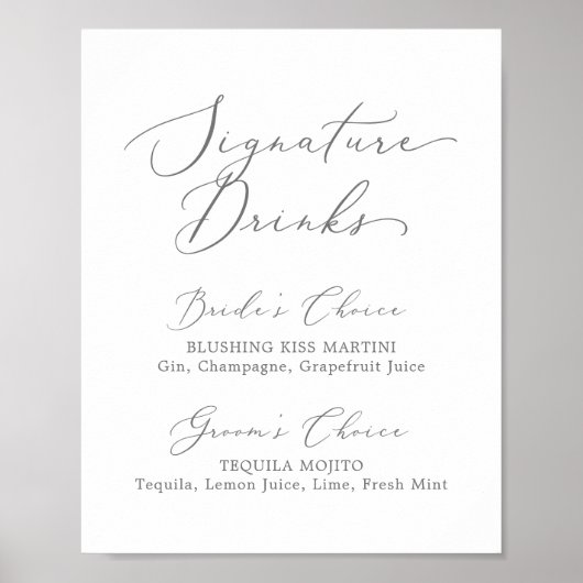 Fijne Silver Calligraphy Signature Drinken Sign Poster (Voorkant)