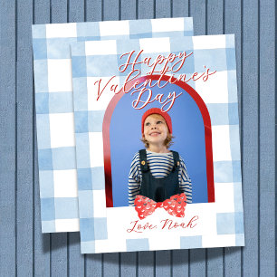 Fijne Valentijnsdag Boog Foto Blauwe Gingham Kaart