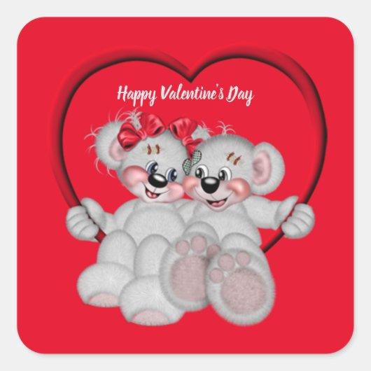 Fijne Valentijnsdag Teddy Bears Square Sticker (Voorkant)
