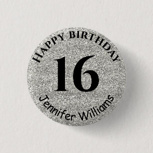 Fijne verjaardag Eigen naam Leefjaar Zilverglitter Ronde Button 3,2 Cm