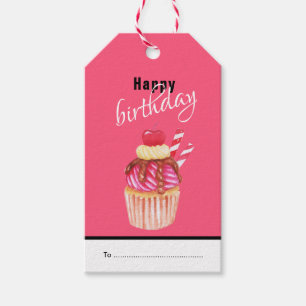 Fijne verjaardag, Fun Pink Cupcake Gift Labels Cadeaulabel