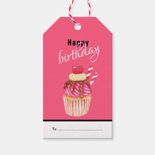 Fijne verjaardag, Fun Pink Cupcake Gift Labels Cadeaulabel (Voorkant)
