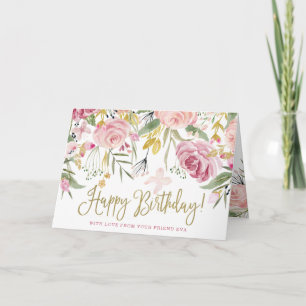 Fijne verjaardag  Goud en Blush roze bloemen Kaart