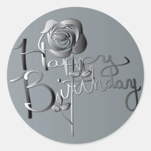 "Fijne verjaardag!" Handgeschreven Silver 3D Roos Ronde Sticker