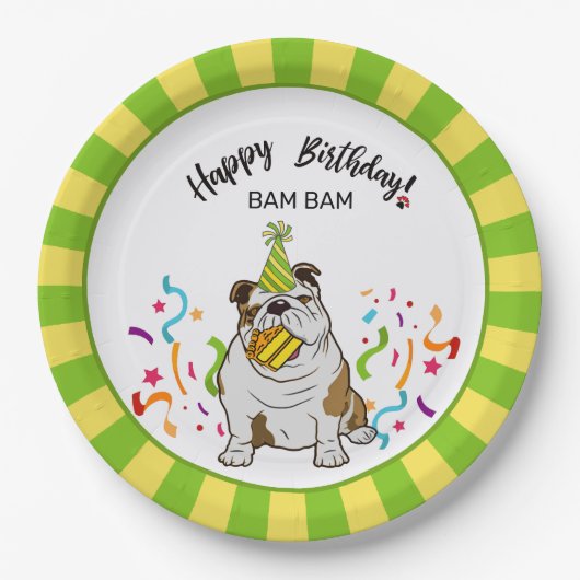 Fijne verjaardag met uw bulledog Bam Dog Party Papieren Bordje (Voorkant)