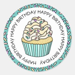 Fijne verjaardag turquoise en vanille cupcake ronde sticker