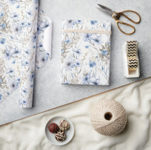 Fijne Waterverf Botanische Patroon – Zacht Blauw Cadeaupapier