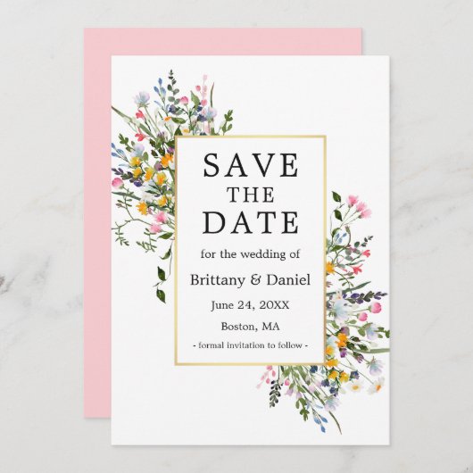 Fijne Waterverf Wildbloemen Roze Blush Save The Date (Voorkant / Achterkant)