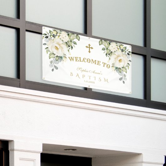 Fijne witte bloem gouden doop welkomstbord spandoek (Buitenkant Gebouw)
