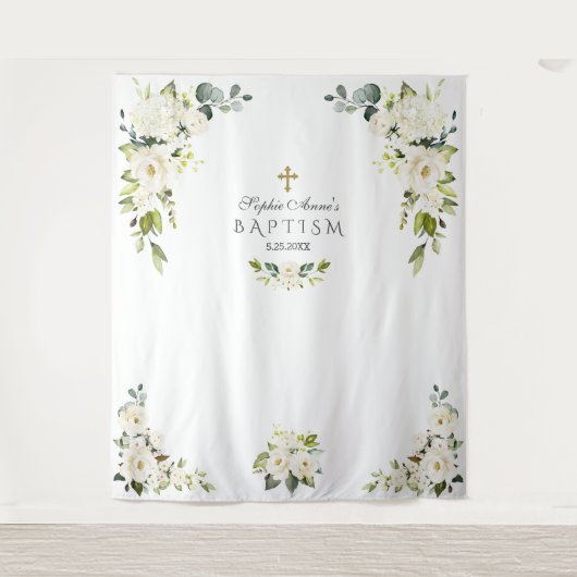 Fijne witte bloemige foto booth-prop voor de doop wandkleed (Voorkant)