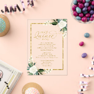 Fijne witte en gouden bloemenquinceañera acryl uitnodigingen