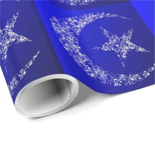 Filigraan halve maan en ster op blauw cadeaupapier (Rol Hoek)