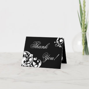 Filigree floral noir blanc plié Carte de remerciem