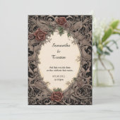 Filigree Leaf Lijst en Rozen Gothic Bruiloft Kaart (Staand voorkant)