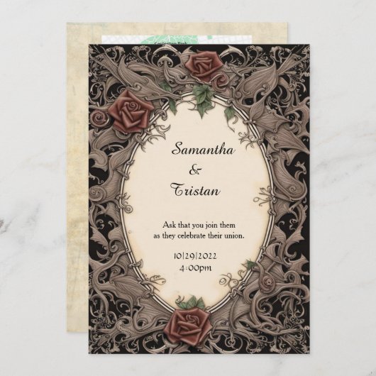 Filigree Leaf Lijst en Rozen Gothic Bruiloft Kaart (Voorkant / Achterkant)