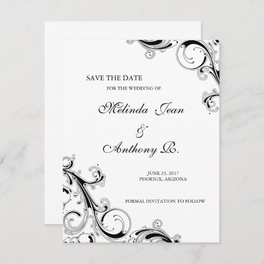 Filigree Swirl Black met White Save the Date (Voorkant / Achterkant)
