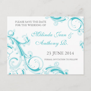 Filigree Swirl Blue Curacao Save the Date Aankondigingskaart