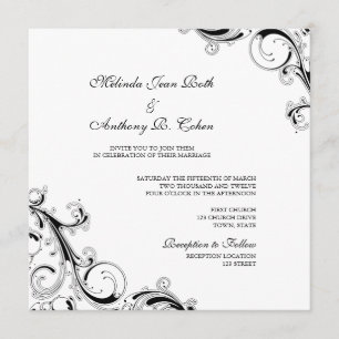 Filigree Swirl Wit w / Zwart Vierkante bruiloft Kaart