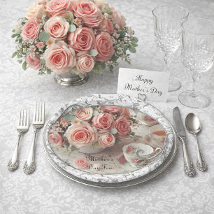 Filigreer met Roze Rozen Moederdag Papieren Bordje