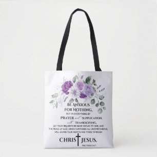 Filippenzen 4:6-7 Schrift Paarse bloemen Draagtas