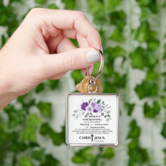 Filippenzen 4:6-7 Schrift Paarse bloemen Sleutelhanger (Hand)