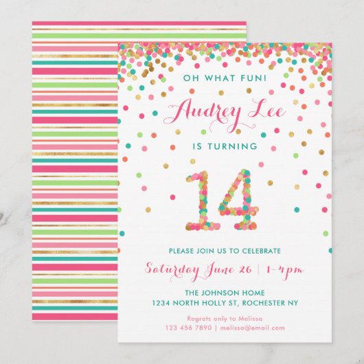 Fille 14e anniversaire Invitation quatorzième anni (Devant / Derrière)