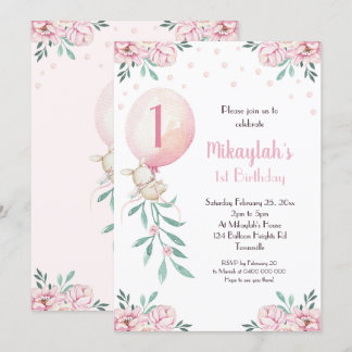 Fille 1er Anniversaire Invitation Ballons Bunny Pa