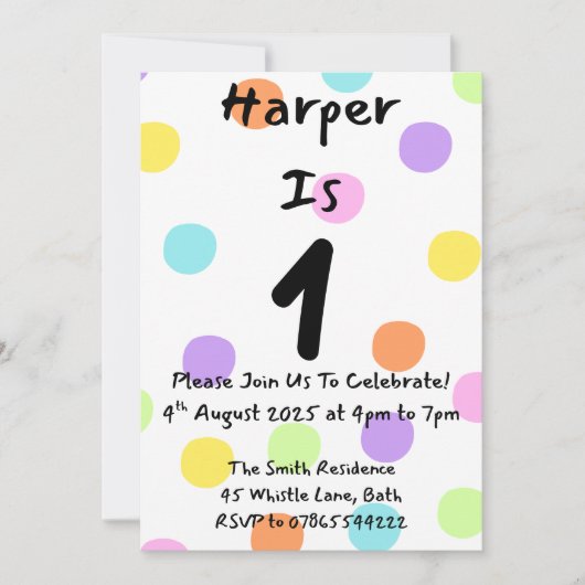 Fille 1er Anniversaire Invitation Pastel Polka Dot (Devant)