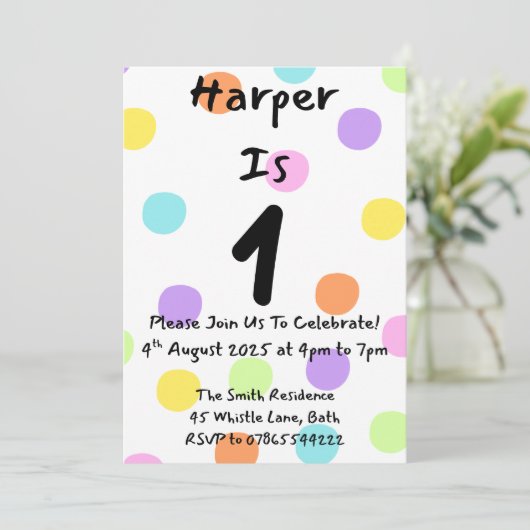 Fille 1er Anniversaire Invitation Pastel Polka Dot (Debout devant)
