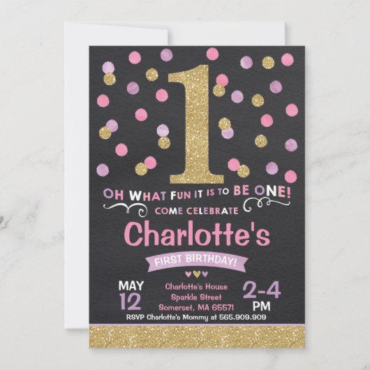 Fille 1er Anniversaire Invitation Pink & Gold Conf (Devant)