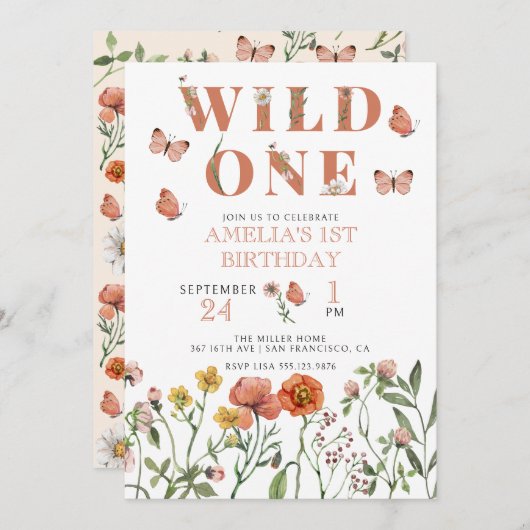 Fille 1er anniversaire | Invitation sauvage (Devant / Derrière)