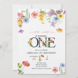 Fille 1er anniversaire Invitations Fleurs sauvag