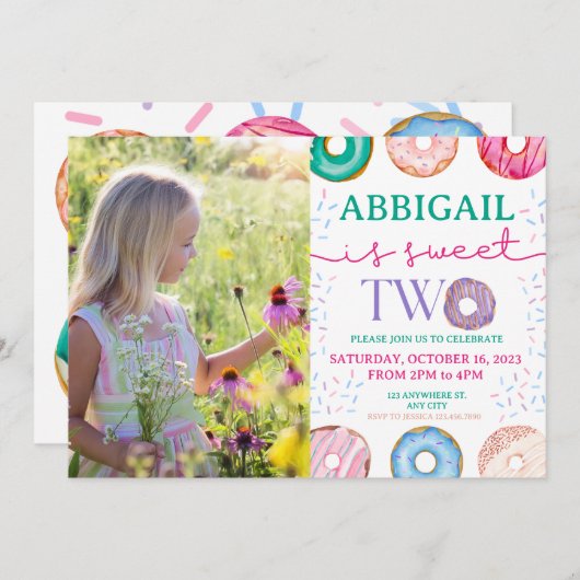 Fille 2e Invitation Anniversaire Deux Donut doux P (Devant / Derrière)
