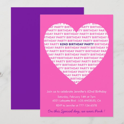 Fille 62e anniversaire invitation Fille Coeur rose (Devant / Derrière)