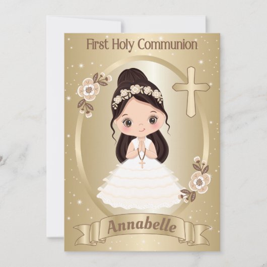 Fille à Haired foncé Première Communion Invitation (Devant)