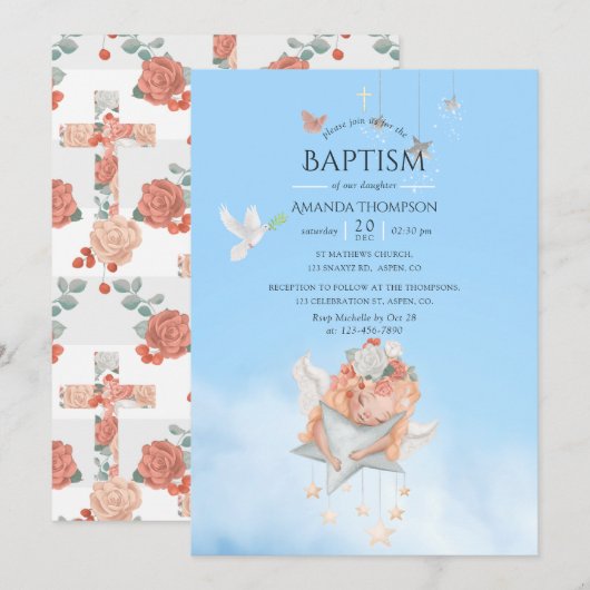 Fille à l'aquarelle Invitation pour baptême d'ange (Devant / Derrière)