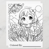 Fille Anime avec fleurs | Page Couleur (Devant / Derrière)